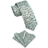 Blue Green Floral Printed Skinny Tie Set with Tie Clip