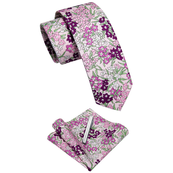 Fuchsia Pink Floral Printed Skinny Tie Set with Tie Clip