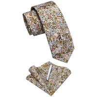 Light Yellow Floral Printed Skinny Tie Set with Tie Clip