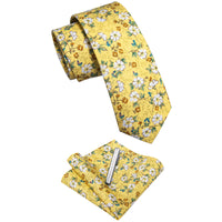 Yellow White Floral Printed Skinny Tie Set with Tie Clip