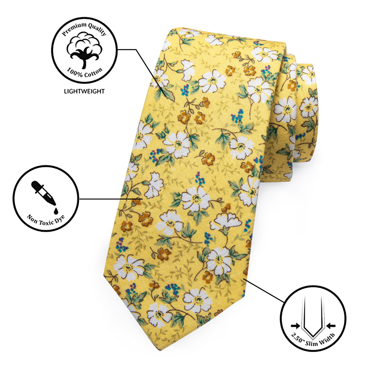 Yellow White Floral Printed Skinny Tie Set with Tie Clip