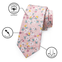 Baby Pink Floral Printed Skinny Tie Set with Tie Clip