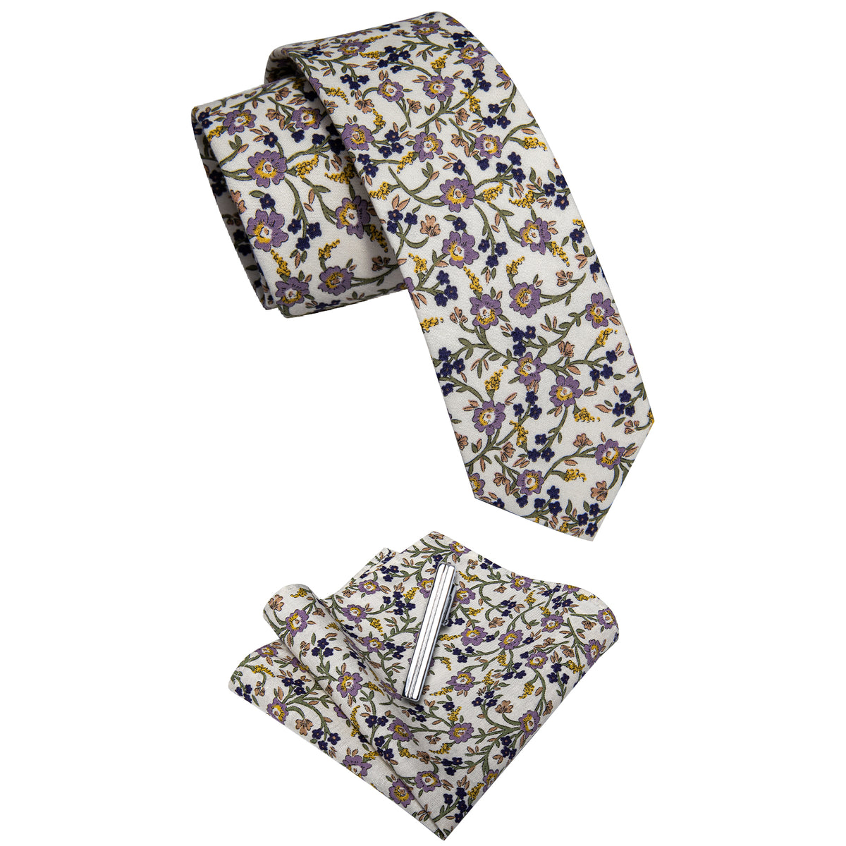 Lavender Yellow Floral Printed Skinny Tie Set with Tie Clip