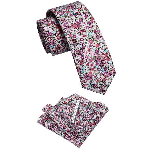 Carmine Red Floral Printed Skinny Tie Set with Tie Clip