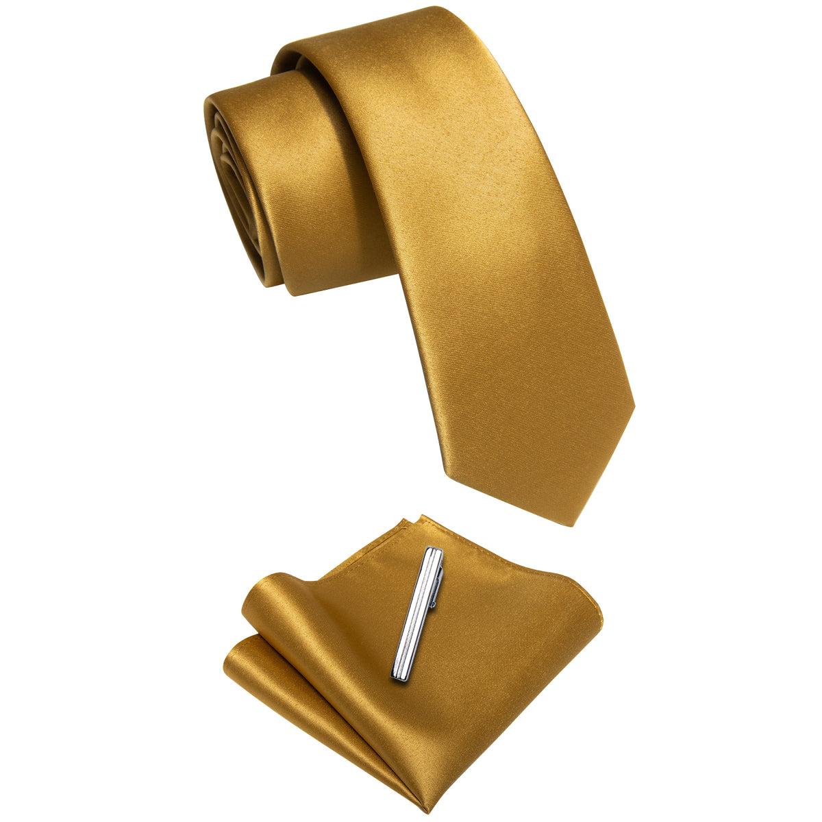 Gold Solid Skinny Necktie Pocket Square Set with Tie Clip