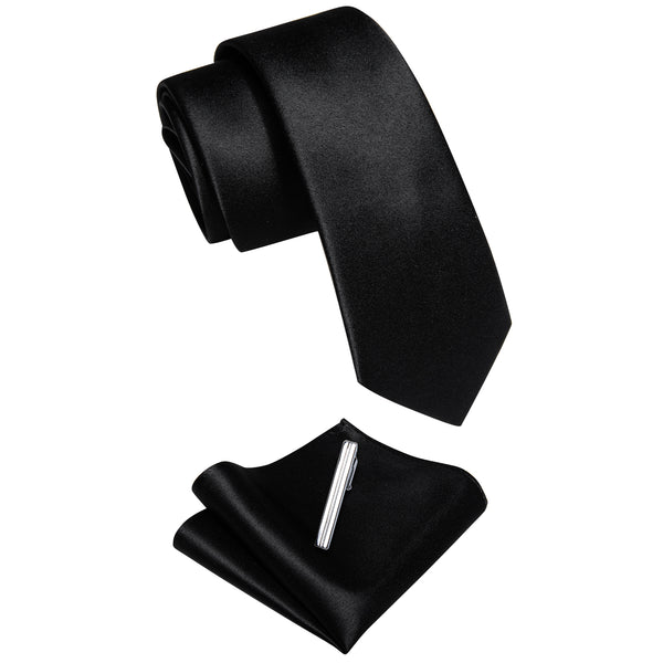 Black Solid Skinny Necktie Pocket Square Set with Tie Clip