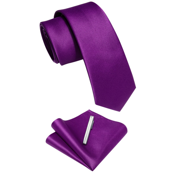 Violet Solid Skinny Necktie Pocket Square Set with Tie Clip
