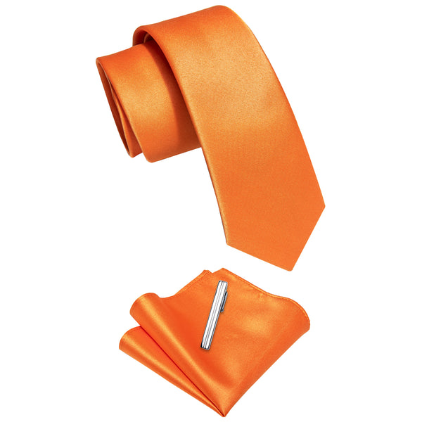 Orange Solid Skinny Necktie Pocket Square Set with Tie Clip