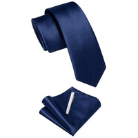 Blue Solid Skinny Necktie Pocket Square Set with Tie Clip