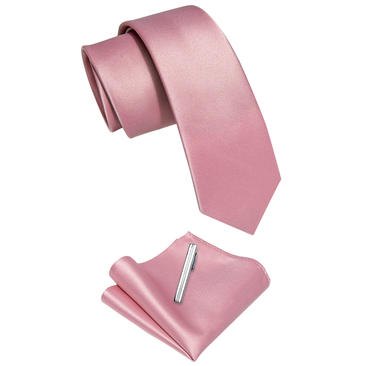 Peach Pink Solid Skinny Necktie Pocket Square Set with Tie Clip