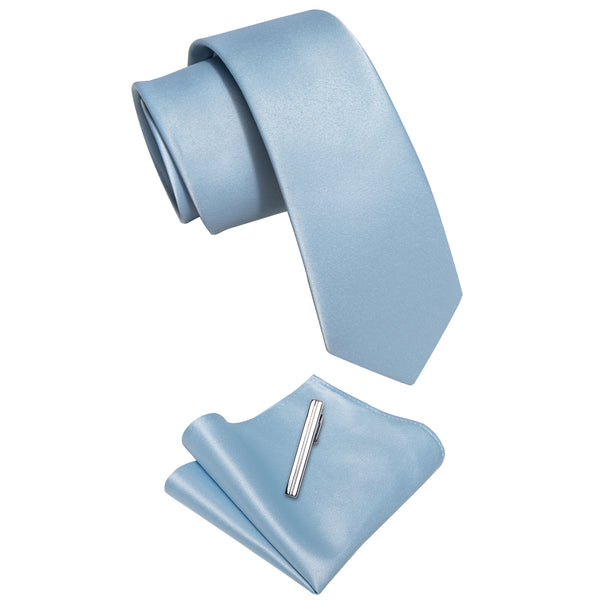 Meltwater Blue Solid Skinny Necktie Pocket Square Set with Tie Clip
