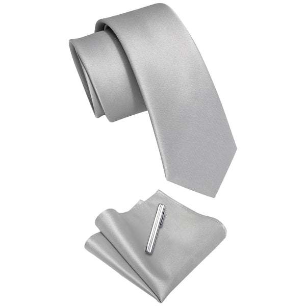 Grey Solid Skinny Necktie Pocket Square Set with Tie Clip