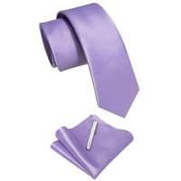 Periwinkle Purple Solid Skinny Necktie Pocket Square Set with Tie Clip