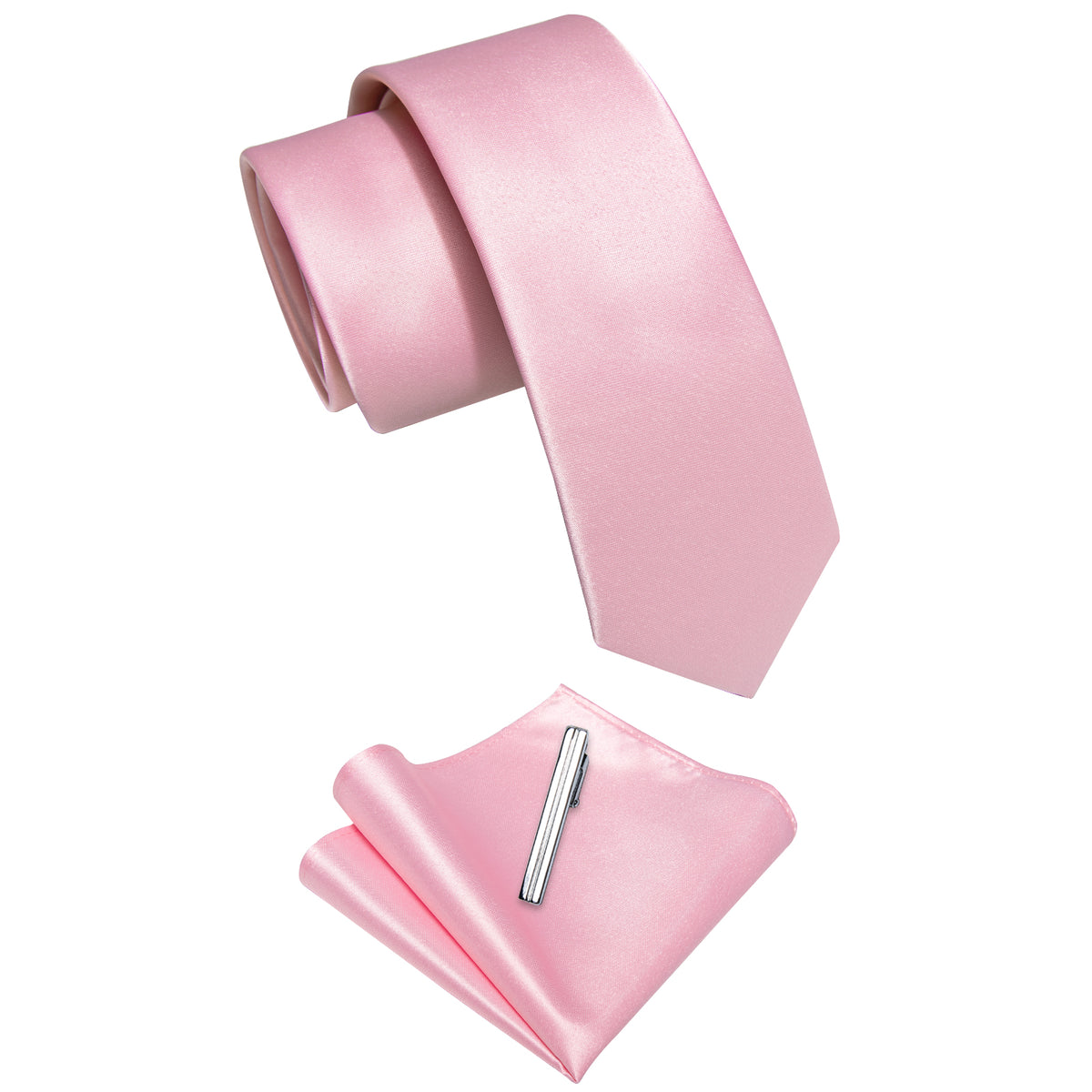Baby Pink Solid Skinny Necktie Pocket Square Set with Tie Clip