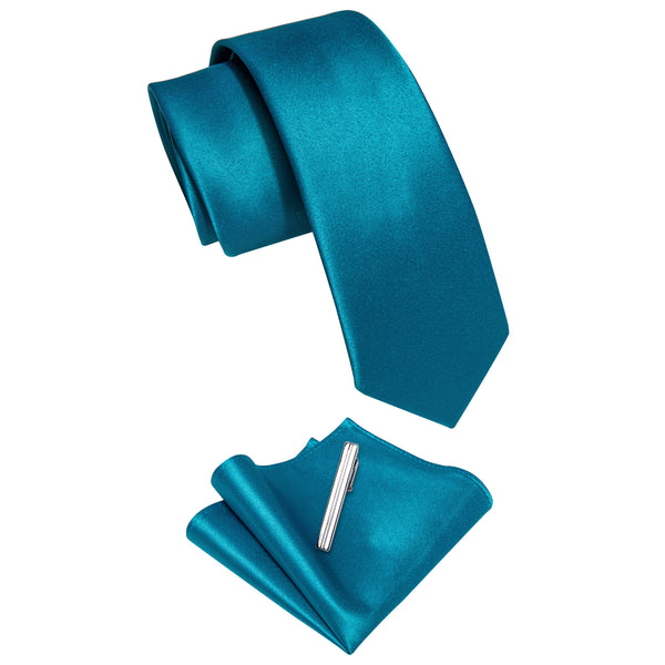 Teal Solid Skinny Necktie Pocket Square Set with Tie Clip