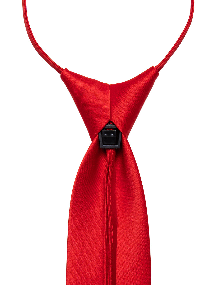 Classic Red Solid Silk Adjustable Zipper Pre-tied Necktie Pocket Square Set
