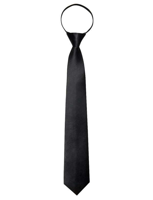 Black Solid Silk Adjustable Zipper Pre-tied Necktie Pocket Square Set