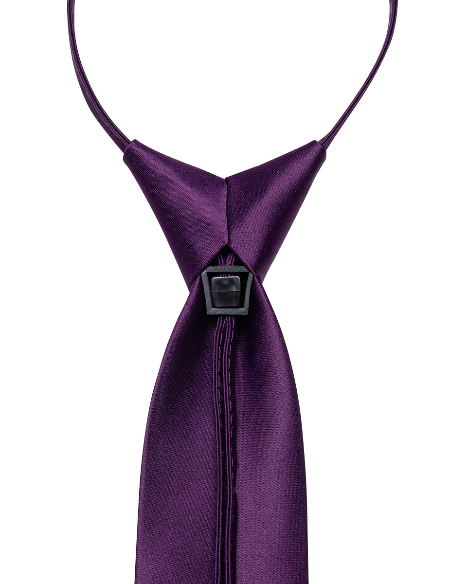 Deep Purple Solid Silk Adjustable Zipper Pre-tied Necktie Pocket Square Set