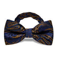 Navy Blue Golden Paisley Pre-tied Bowtie and Necktie with Golden Tie Clip Set