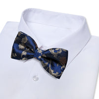 Deep Blue Grey Floral Pre-tied Bowtie and Necktie with Golden Tie Clip Set