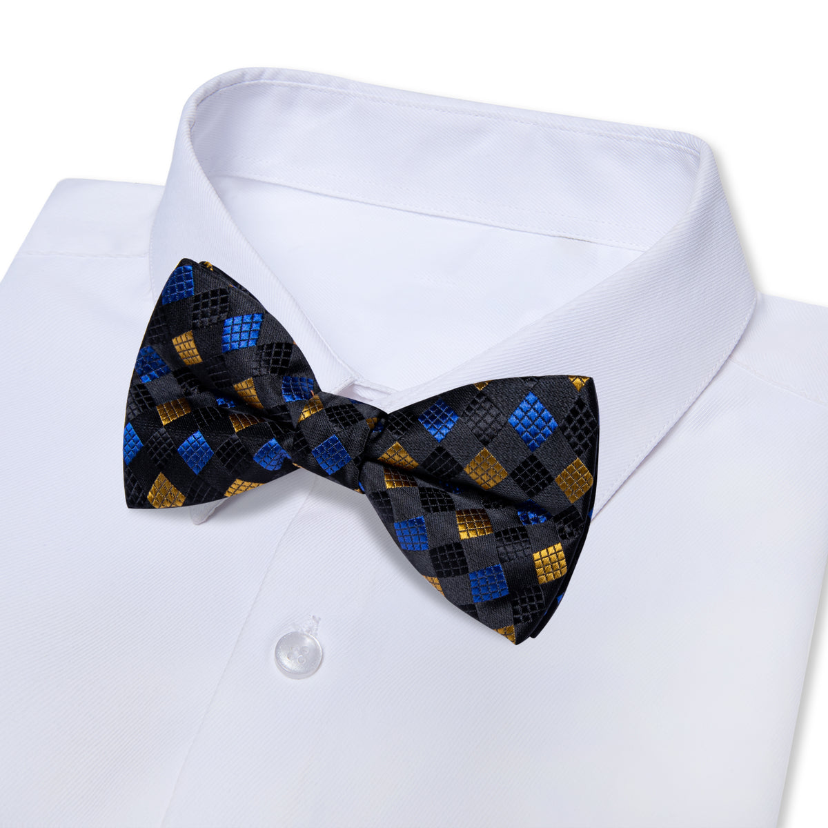 Black Blue Yellow Cube Plaid Pre-tied Bowtie and Necktie with Golden Tie Clip Set